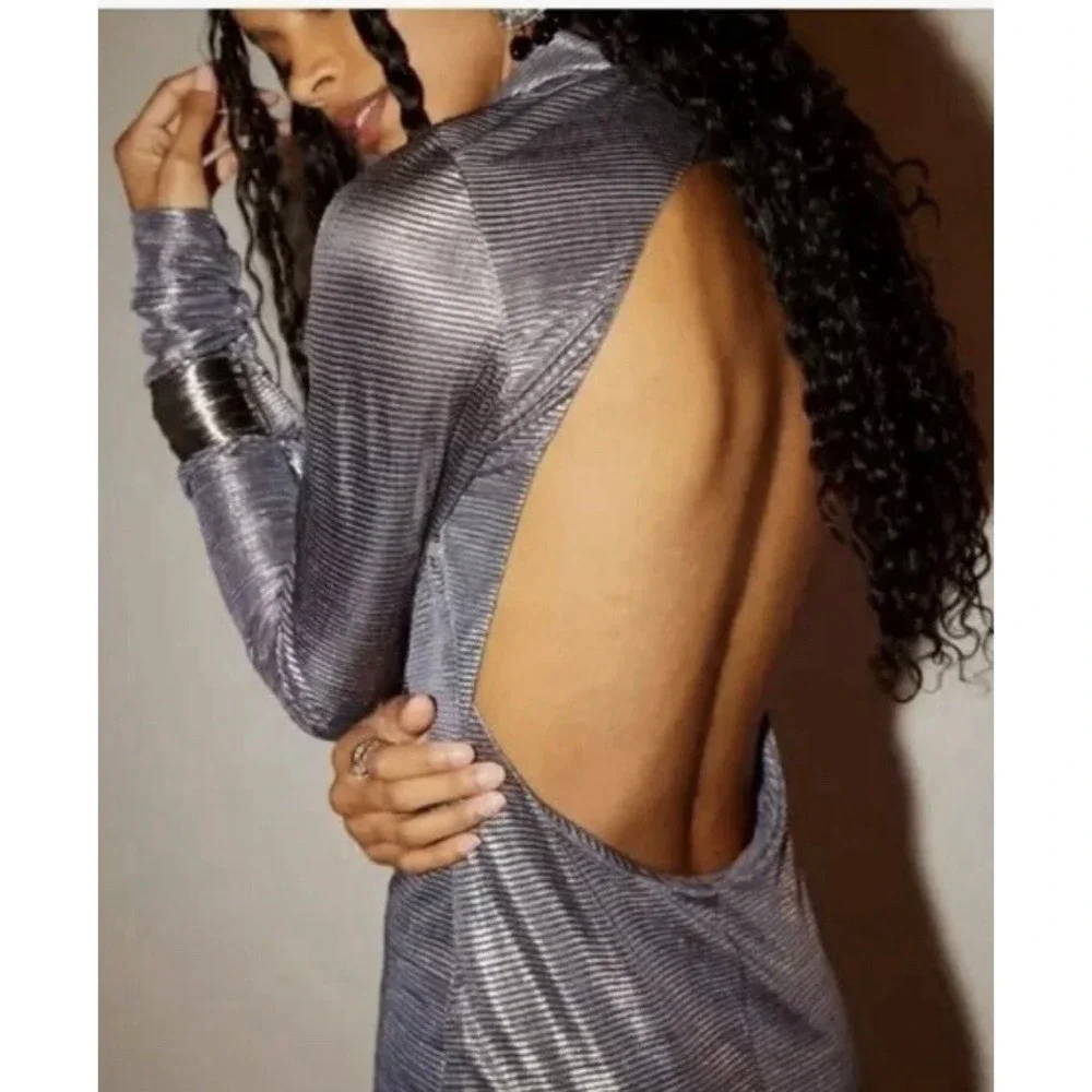 Free People NWOT Mila Metallic Maxi Dress  Open Back Silver Gray Shimmer Large